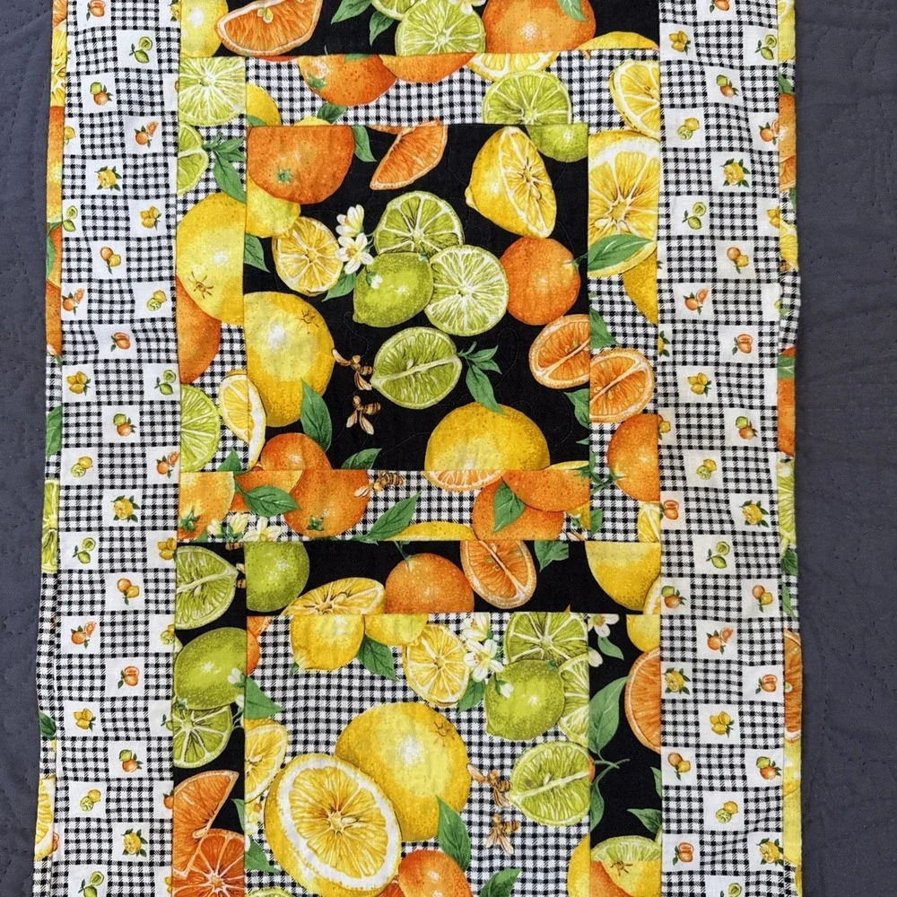 Handmade Quilted Table Runner Citrus Fruit Check Lemons Oranges 15x34
